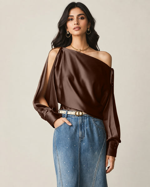 One Shoulder Draped Satin Top in Brown