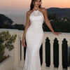Halter Neck Ruched Mermaid Maxi Dress in Classic White