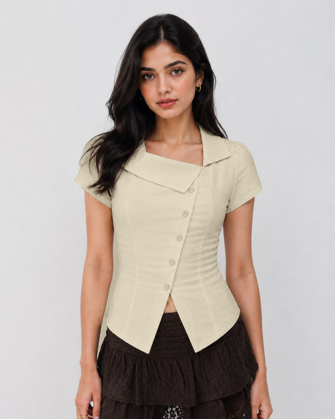 Asymmetric Button Front Short Sleeve Top in Cream
