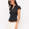 Ruched Waist Collared Button Front Shirt in Soft Black