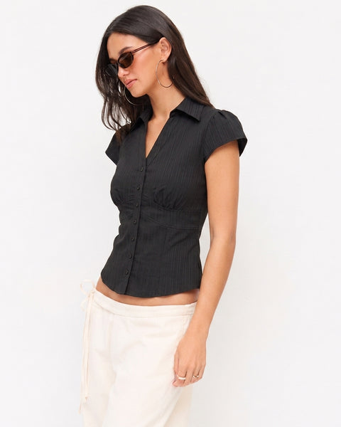 Ruched Waist Collared Button Front Shirt in Soft Black