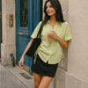 Ruched Side Tie Button Front Collared Shirt in Herbal Green