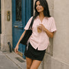 Ruched Side Tie Button Front Collared Shirt in Baby Pink