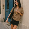 Ruched Side Tie Button Front Collared Shirt in Mocha Brown