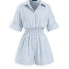 Striped Collared Button Front Smocked Waist Romper in Baby Blue