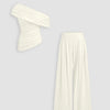 Asymmetrical Neck Ruched Top and Mid Rise Wide Leg Trousers Set in Classic White