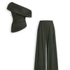 Asymmetrical Neck Ruched Top and Mid Rise Wide Leg Trousers Set in Dark Grey