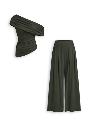 Asymmetrical Neck Ruched Top and Mid Rise Wide Leg Trousers Set in Dark Grey