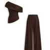 Asymmetrical Neck Ruched Top and Mid Rise Wide Leg Trousers Set in Chocolate Brown