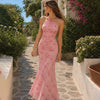 Halter Neck Fish Tail Hem Long Floral Dress in Baby Pink
