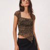 Tie Front Asymmetrical Hem Sleeveless Printed Top in Cocoa Brown