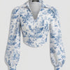 Puff Sleeve Collared Button Down Floral Top in Classic White
