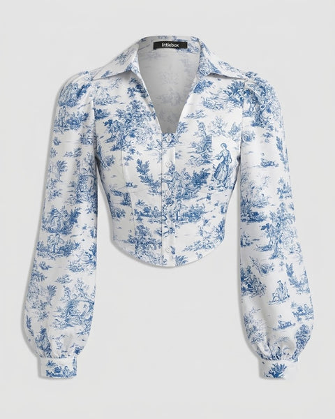 Puff Sleeve Collared Button Down Floral Top in Classic White