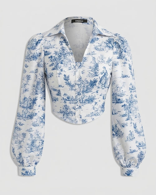 Puff Sleeve Collared Button Down Floral Top in Classic White