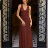 Fitted V Neck Long Dress in Burgundy