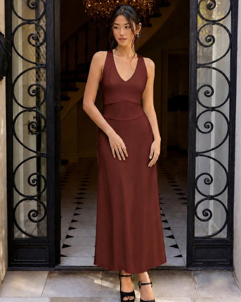 Fitted V Neck Long Dress in Burgundy