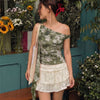 Off-Shoulder Ruched Abstract Top in Olive Green