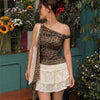 Off-Shoulder Ruched Printed Top in Cocoa Brown