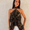 Halter Neck Asymmetric Ruffle Hem Solid Printed Sleeveless Top in Soft Black