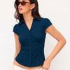 Ruched Waist Collared Button Front Shirt in Pageant Blue