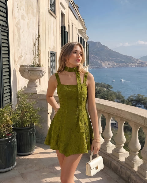Floral Sleeveless Cami Dress with Scarf in Olive Green