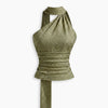 Halter Neck Ruched Tie Front Crop Top in Olive Green