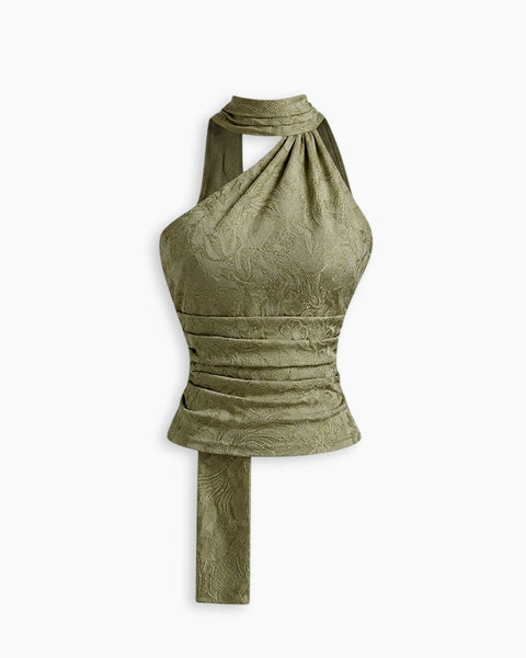 Halter Neck Ruched Tie Front Crop Top in Olive Green