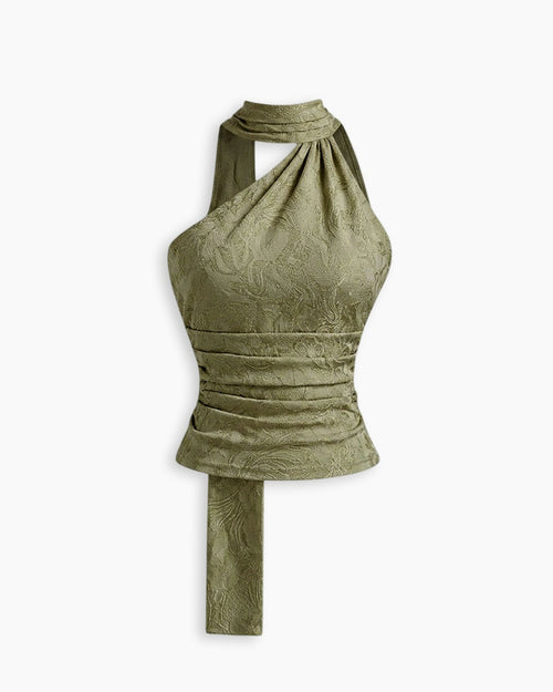 Halter Neck Ruched Tie Front Crop Top in Olive Green