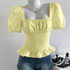 Smocked Peplum Puff Sleeve Top in Herbal Green