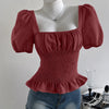 Smocked Peplum Puff Sleeve Top in Maroon