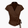 Collared Wrap Tie Top in Rust Brown