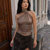 Halter Neck Ruched Tie Front Crop Top in Brown