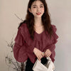 V-Neck Ruffle Trim Full Sleeve Top in Wine Maroon