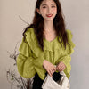 V-Neck Ruffle Trim Full Sleeve Top in Dark Citron