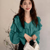 V-Neck Ruffle Trim Full Sleeve Top in Teal Green