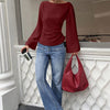 Boat Neck Ruched Waist Long Sleeve Top in Maroon