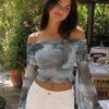Off Shoulder Mesh Bell Sleeve Printed Crop Top in Light Grey