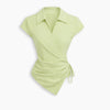 Collared Wrap Front Ruched Tie Top in Herbal Green