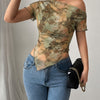Off Shoulder Ruched Mesh Overlay Asymmetrical Top in Sage Green