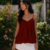 V Neck Tiered Ruffle Cami Top in Merlot