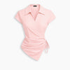Collared Wrap Front Ruched Tie Top in Baby Pink