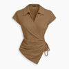 Collared Wrap Front Ruched Tie Top in Mocha Brown