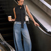 Mock Neck Button Front Tie Detail Top in Soft Black