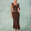Ruched Crop Top & Asymmetric Hem Skirt Set in Chocolate Brown