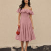 Off Shoulder Ruffle Tiered Midi Dress in Dusty Pink