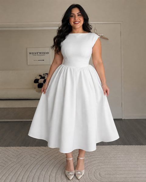 Cap Sleeve Fit & Flare A-Line Midi Dress Curve and Plus in Classic White
