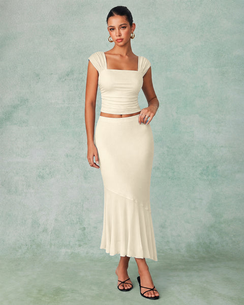 Ruched Crop Top & Asymmetric Hem Skirt Set in Cream