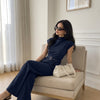 Mock Neck Wide Leg Belted Jumpsuit in Dark Navy Blue