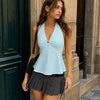 Halter Neck Peplum Top with Front Buckle Detail in Baby Blue