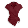 Collared Wrap Front Ruched Tie Top in Baby Pink in Burgundy